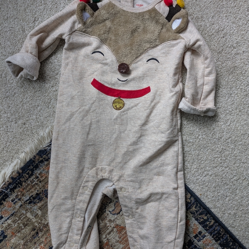 Holiday Time Cream Reindeer One-Piece with Red Collar and Brown Face